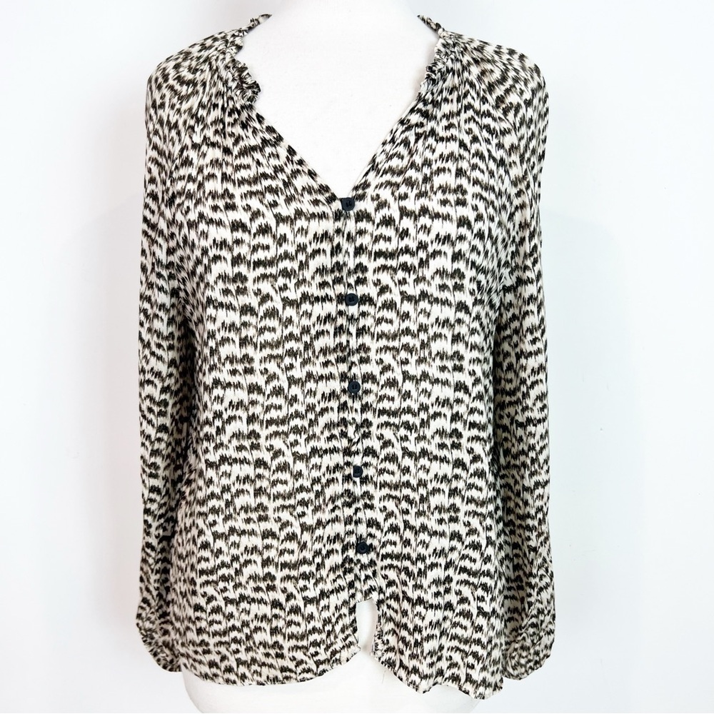 T TAHARI BROWN TAUPE PATTERN LONG SLEEVE BUTTON FRONT V-NECK BLOUSE SZ MEDIUM